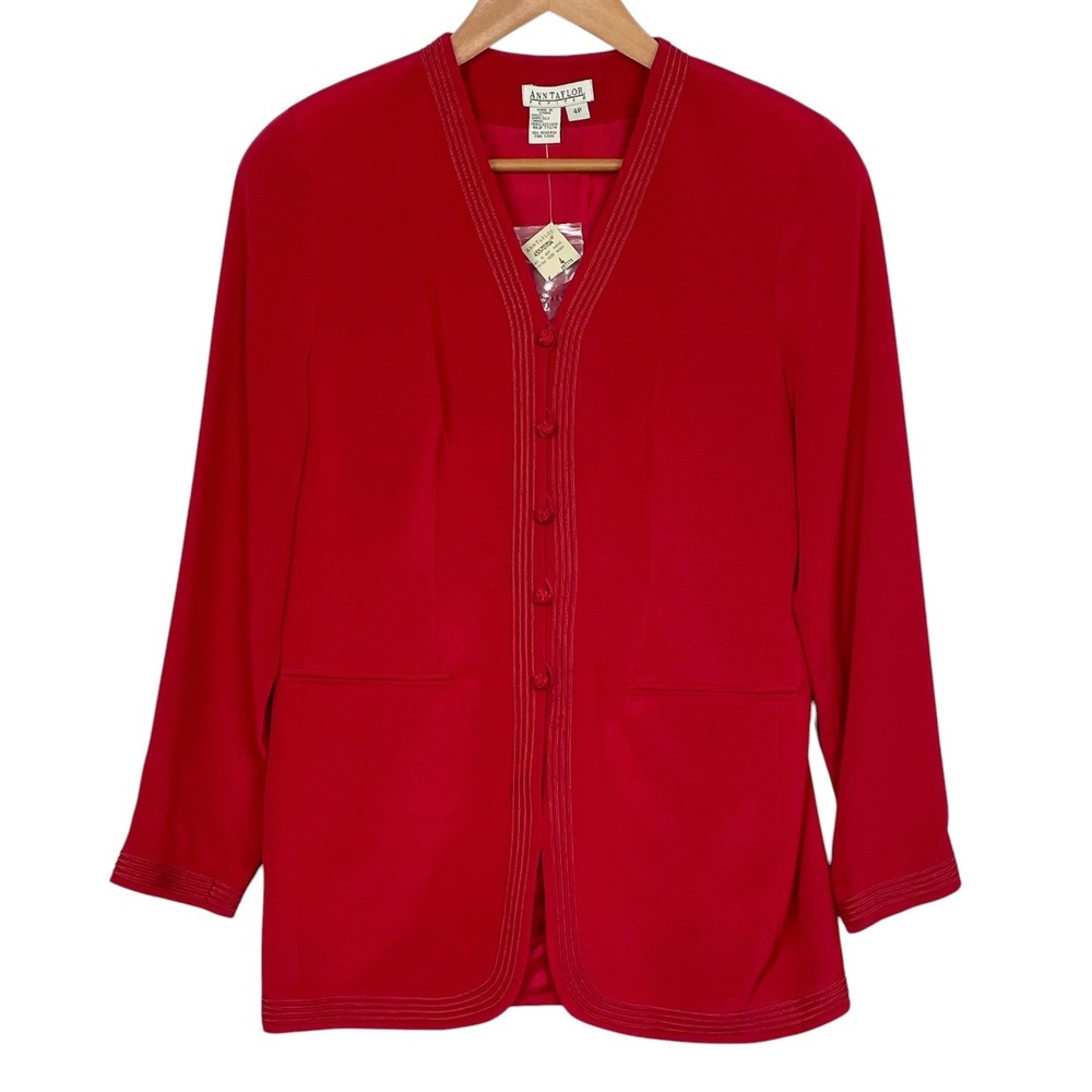 Vintage Ann Taylor Red Silk Blazer Lady Jacket Womens 4P Career Tailored Elegant